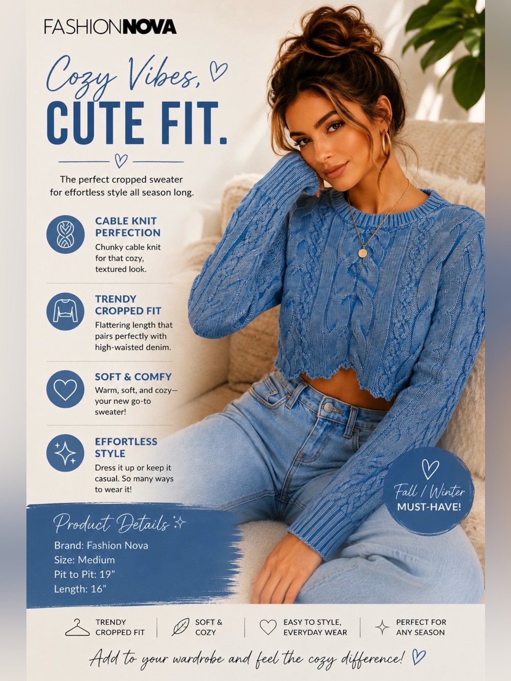 Fashion Nova cropped cable knit sweater size, medium